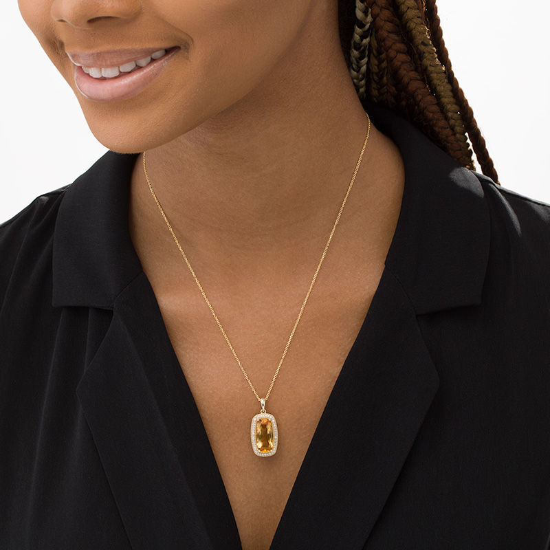 Main Image 2 of Elongated Cushion-Cut Citrine and 1/5 CT. T.W. Diamond Frame Vintage-Style Drop Pendant in 10K Gold