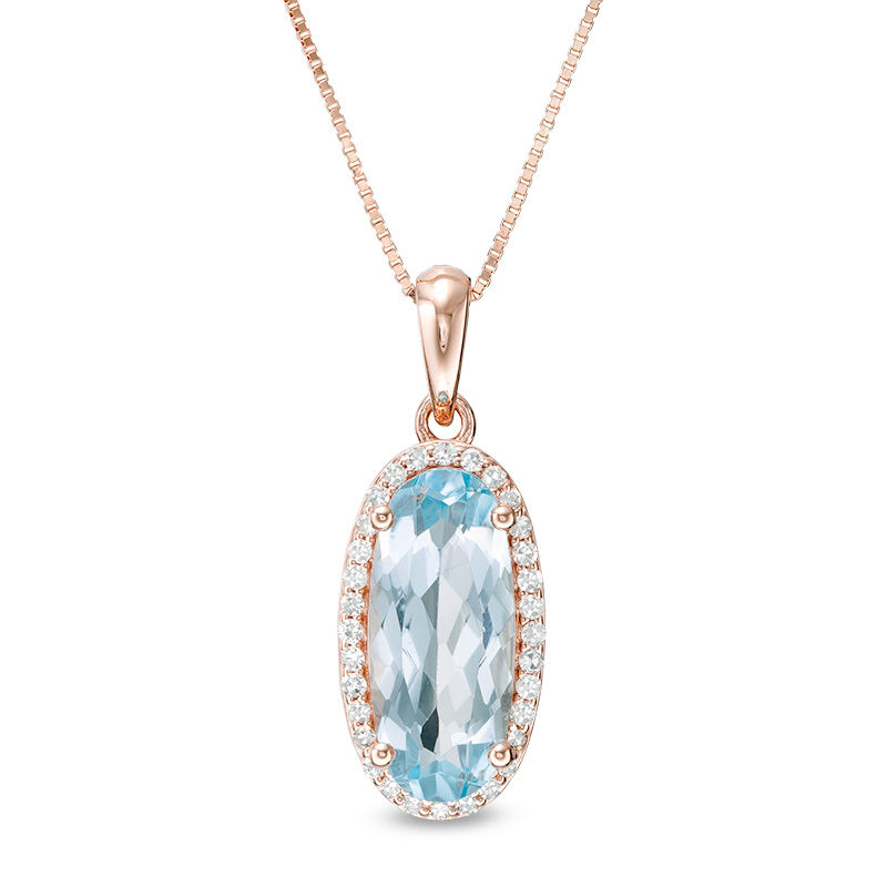 Main Image 1 of Elongated Oval Sky Blue Topaz and 1/6 CT. T. Diamond Frame Drop Pendant in 10K Rose Gold