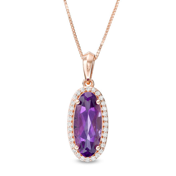 Elongated Oval Amethyst and 1/6 CT. T.w. Diamond Frame Drop Pendant in 10K Rose Gold