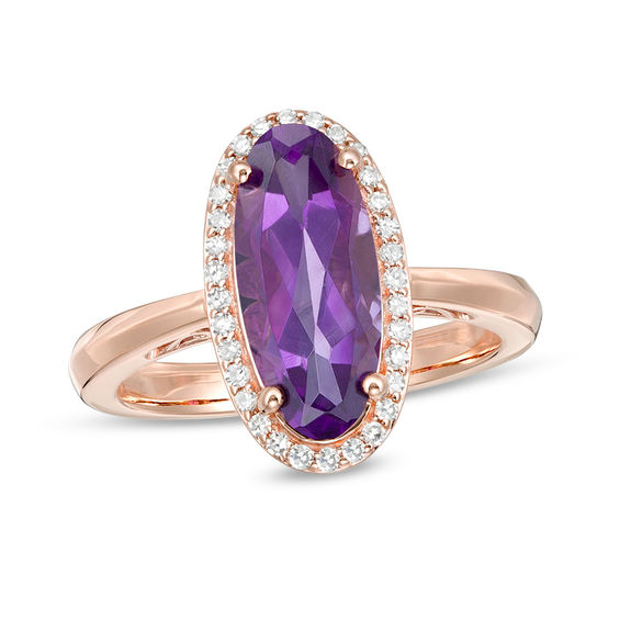 Elongated Oval Amethyst and 1/6 CT. T.w. Diamond Frame Ring in 10K Rose Gold