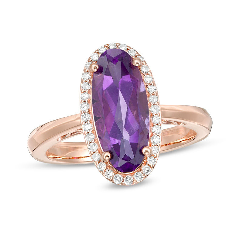 Elongated Oval Amethyst and 1/6 CT. T.W. Diamond Frame Ring in 10K Rose Gold