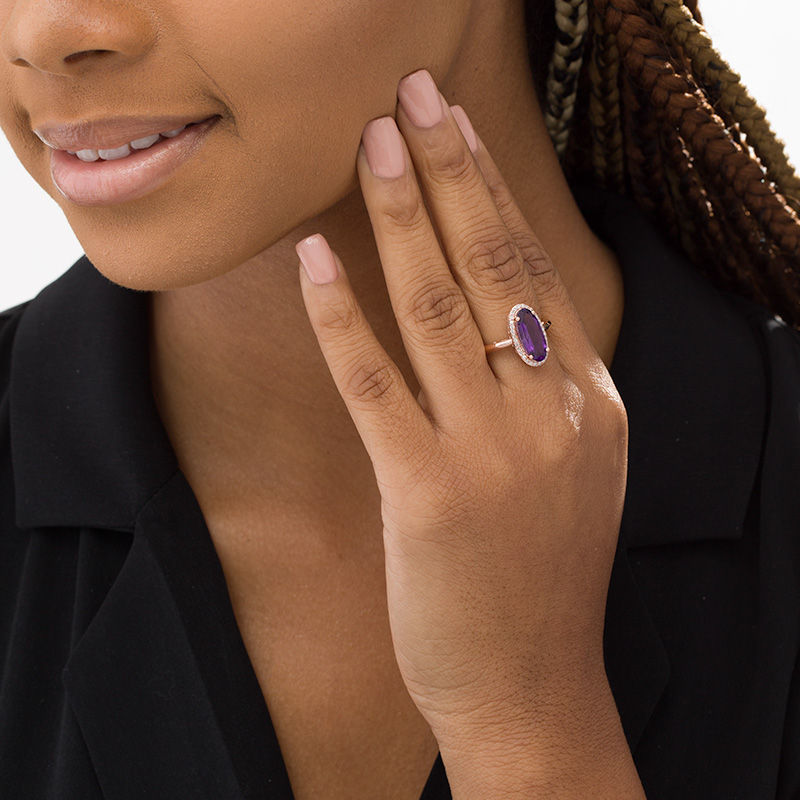 Elongated Oval Amethyst and 1/6 CT. T.W. Diamond Frame Ring in 10K Rose Gold