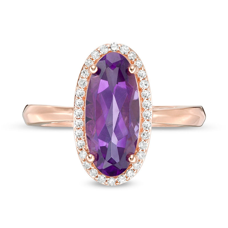 Elongated Oval Amethyst and 1/6 CT. T.W. Diamond Frame Ring in 10K Rose Gold