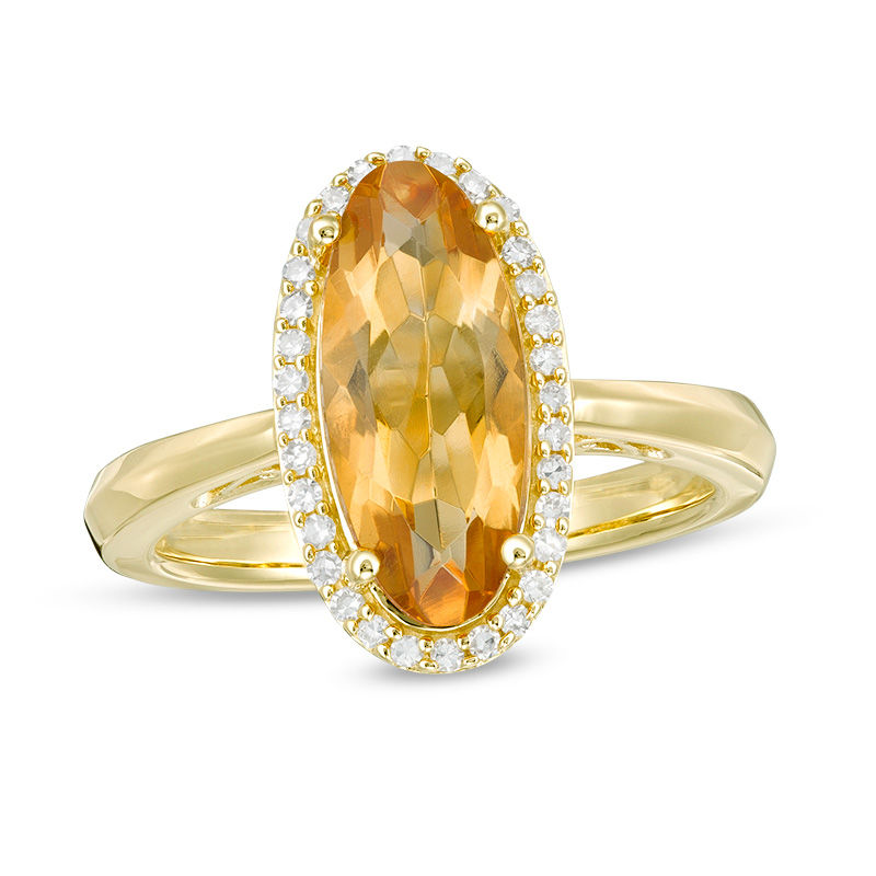 Main Image 1 of Elongated Oval Citrine and 1/6 CT. T.W. Diamond Frame Ring in 10K Gold