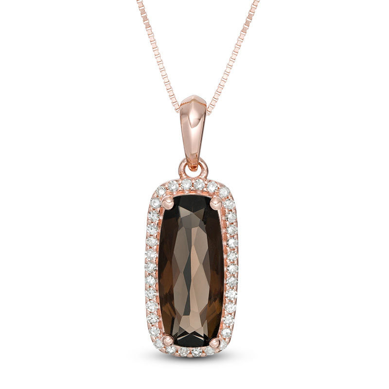 Main Image 1 of Elongated Cushion-Cut Smoky Quartz and 1/6 CT. T.W. Diamond Frame Drop Pendant in 10K Rose Gold
