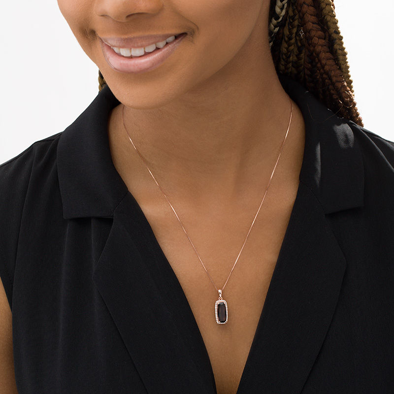 Main Image 2 of Elongated Cushion-Cut Smoky Quartz and 1/6 CT. T.W. Diamond Frame Drop Pendant in 10K Rose Gold