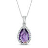 Thumbnail Image 1 of checkerboard Pear-Shaped Amethyst and Lab-Created White Topaz Frame Drop Pendant in Sterling Silver