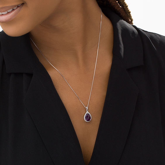 checkerboard Pear-Shaped Amethyst and Lab-Created White Topaz Frame Drop Pendant in Sterling Silver