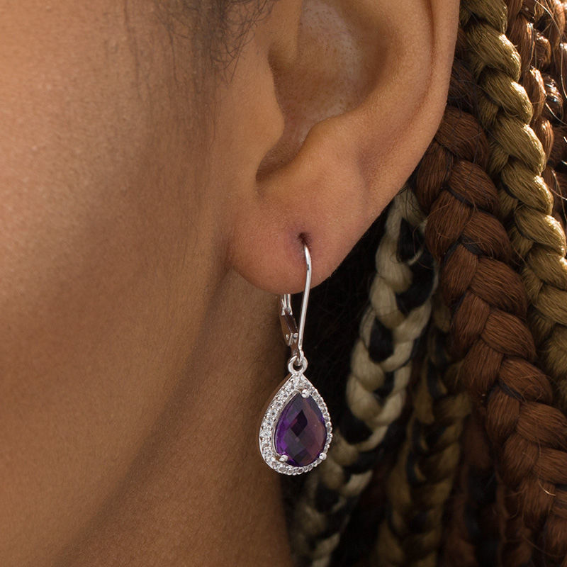 Main Image 2 of checkerboard Pear-Shaped Amethyst and Lab-Created White Topaz Frame Drop Earrings in Sterling Silver