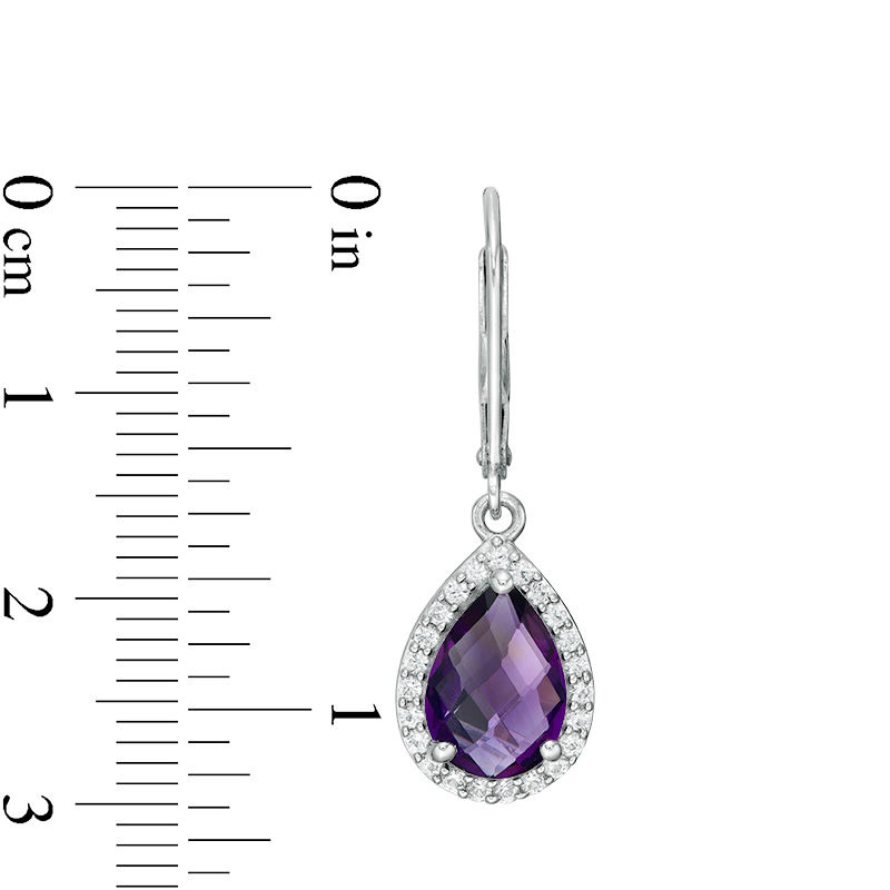 Main Image 3 of checkerboard Pear-Shaped Amethyst and Lab-Created White Topaz Frame Drop Earrings in Sterling Silver