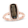 Thumbnail Image 1 of Elongated Cushion-Cut Smoky Quartz and 1/6 CT. T.W. Diamond Frame Ring in 10K Rose Gold
