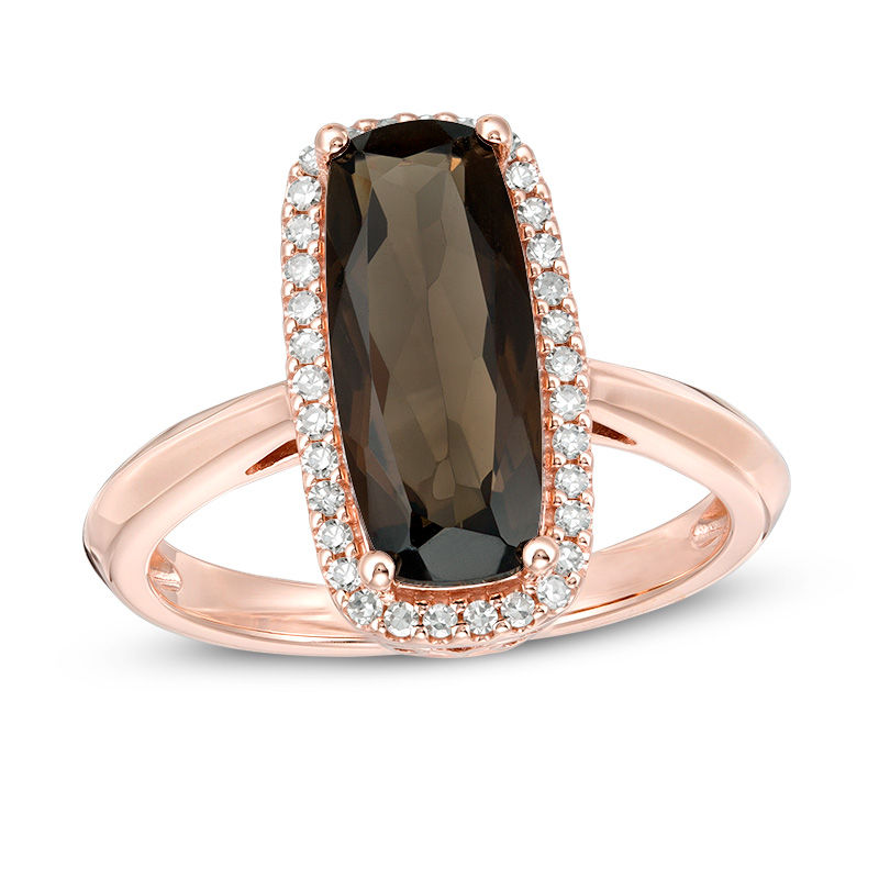 Main Image 1 of Elongated Cushion-Cut Smoky Quartz and 1/6 CT. T.W. Diamond Frame Ring in 10K Rose Gold