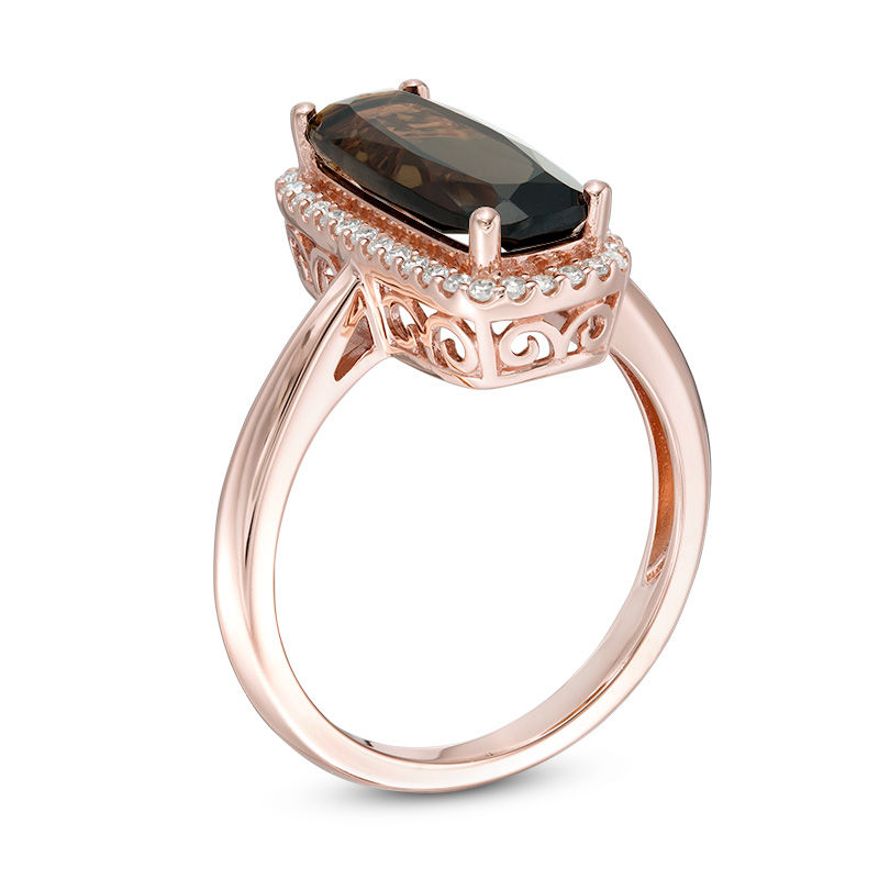 Main Image 3 of Elongated Cushion-Cut Smoky Quartz and 1/6 CT. T.W. Diamond Frame Ring in 10K Rose Gold