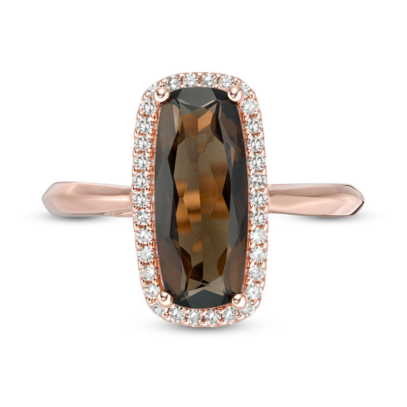 Main Image 4 of Elongated Cushion-Cut Smoky Quartz and 1/6 CT. T.W. Diamond Frame Ring in 10K Rose Gold