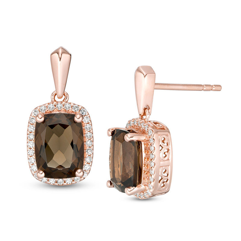 Main Image 1 of Cushion-Cut Smoky Quartz and 1/6 CT. T.W. Diamond Frame Drop Earrings in 10K Rose Gold