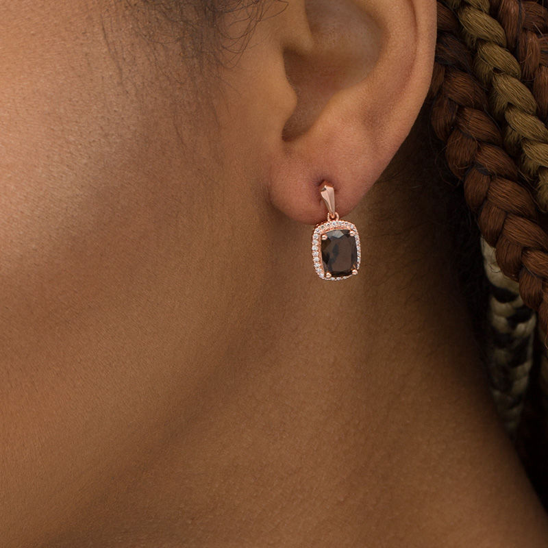 Main Image 2 of Cushion-Cut Smoky Quartz and 1/6 CT. T.W. Diamond Frame Drop Earrings in 10K Rose Gold