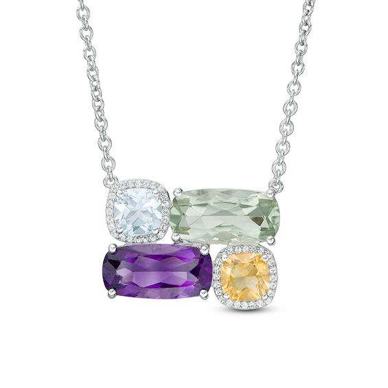 Cushion-Cut Multi-Gemstone and White Topaz Frame Four Stone Abstract Necklace in Sterling Silver