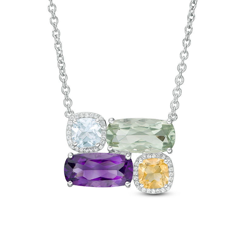 Main Image 1 of Cushion-Cut Multi-Gemstone and White Topaz Frame Four Stone Abstract Necklace in Sterling Silver