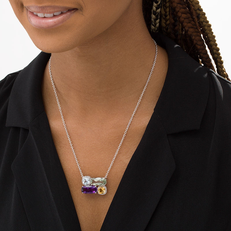 Main Image 2 of Cushion-Cut Multi-Gemstone and White Topaz Frame Four Stone Abstract Necklace in Sterling Silver