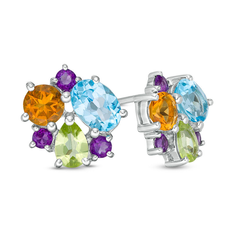 Multi-Gemstone Cluster Drop Earrings in Sterling Silver