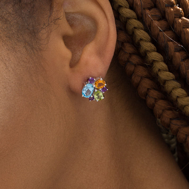 Multi-Gemstone Cluster Drop Earrings in Sterling Silver