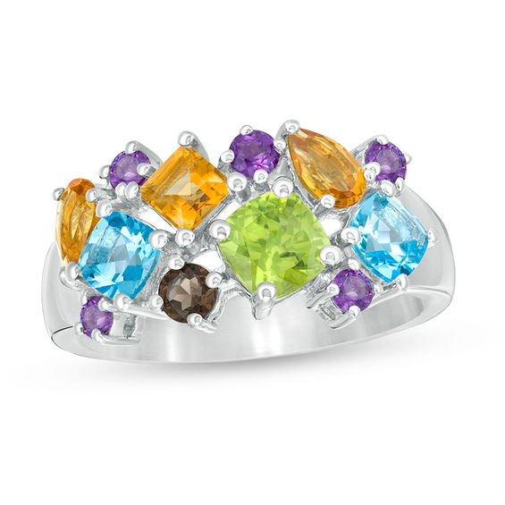 Multi-Gemstone Rectangular Cluster Ring in Sterling Silver
