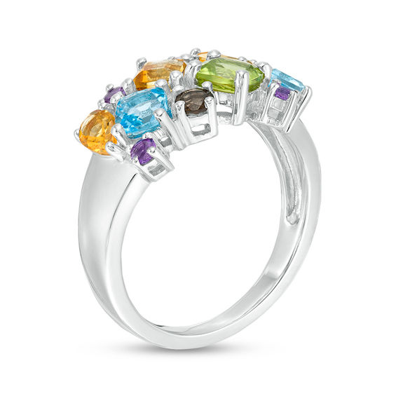 Multi-Gemstone Rectangular Cluster Ring in Sterling Silver
