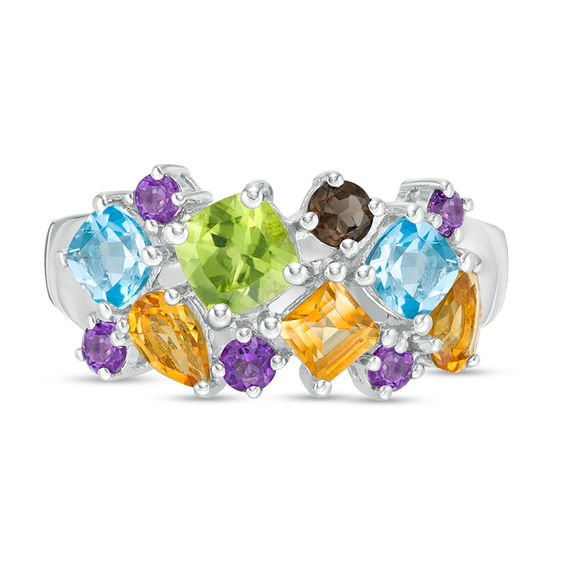 Multi-Gemstone Rectangular Cluster Ring in Sterling Silver