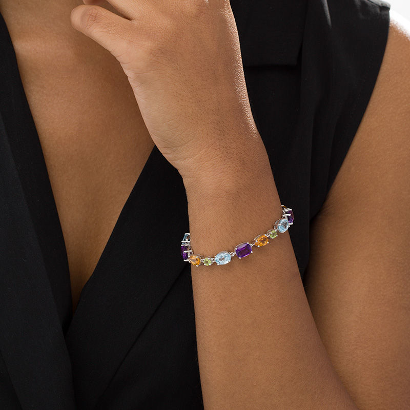 Main Image 2 of Multi-Gemstone Link Bracelet in Sterling Silver - 7.5"