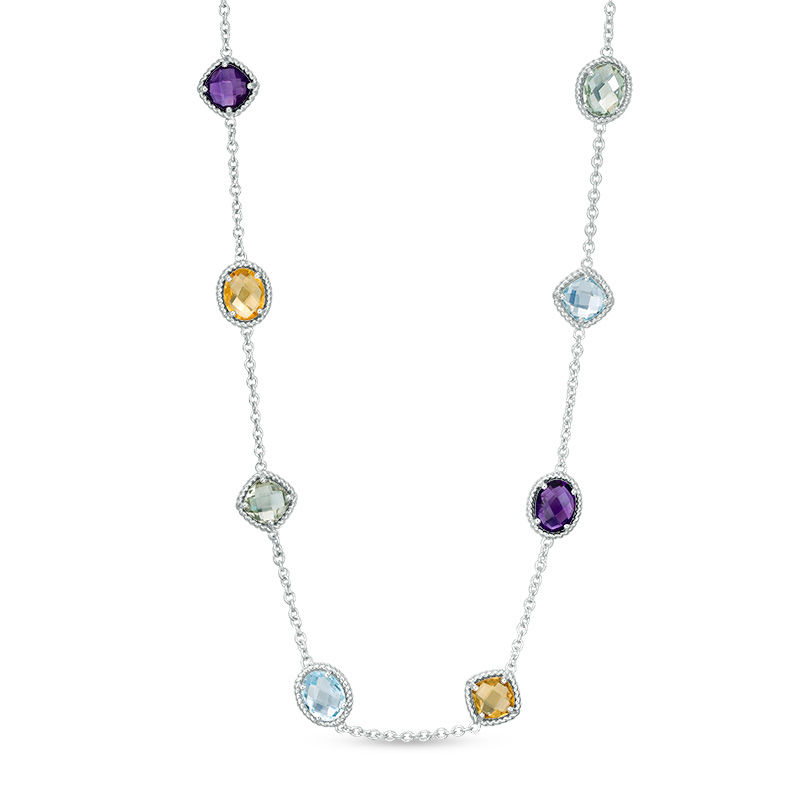 Main Image 1 of Oval and Cushion-Cut Multi-Gemstone Rope Frame Station Necklace in Sterling Silver