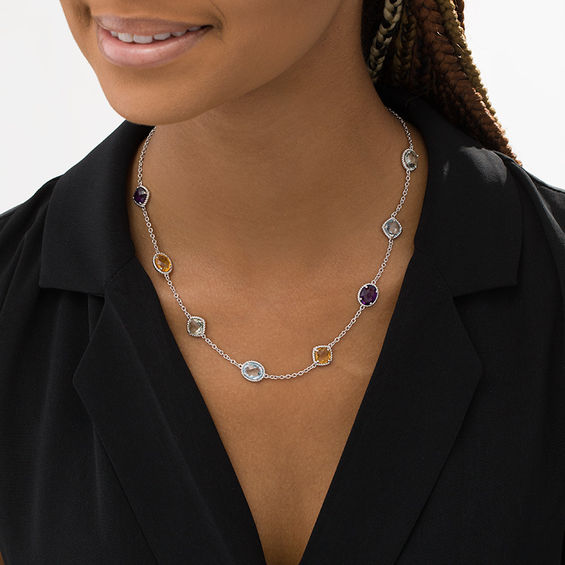 Oval and Cushion-Cut Multi-Gemstone Rope Frame Station Necklace in Sterling Silver