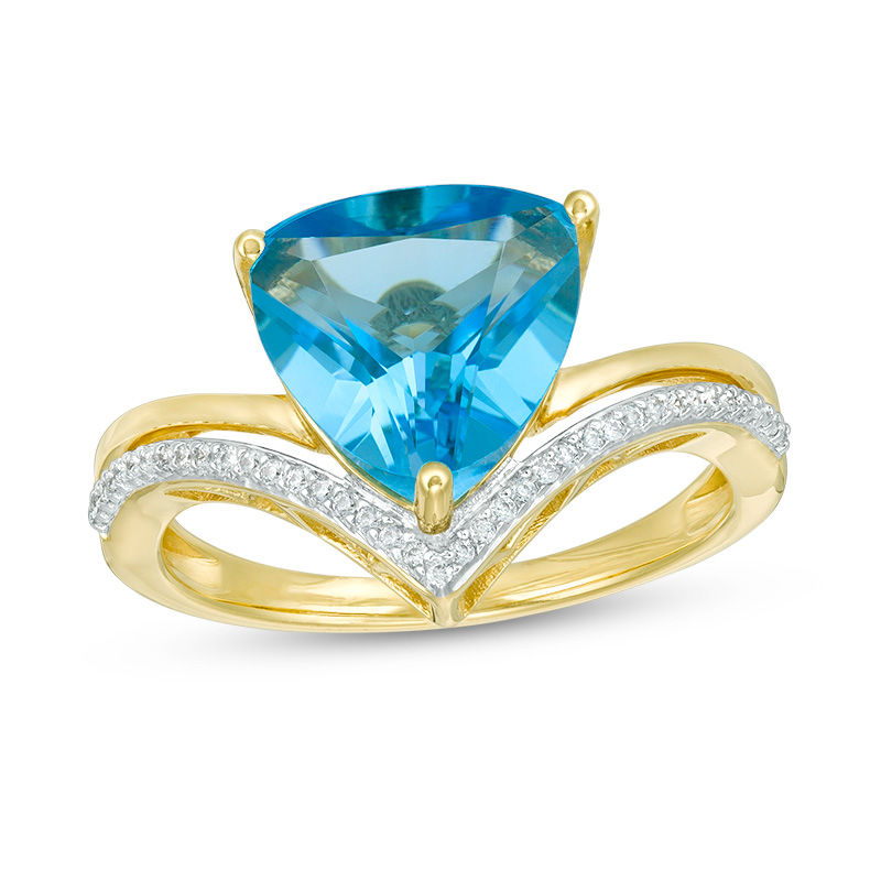 10.0mm Trillion-Cut Swiss Blue Topaz and 1/10 CT. T.W. Diamond Double Chevron Split Shank Ring in 10K Gold