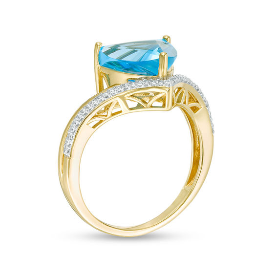 10.0mm Trillion-Cut Swiss Blue Topaz and 1/10 CT. T.w. Diamond Double Chevron Split Shank Ring in 10K Gold