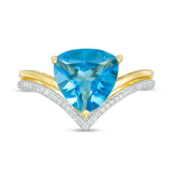 10.0mm Trillion-Cut Swiss Blue Topaz and 1/10 CT. T.w. Diamond Double Chevron Split Shank Ring in 10K Gold