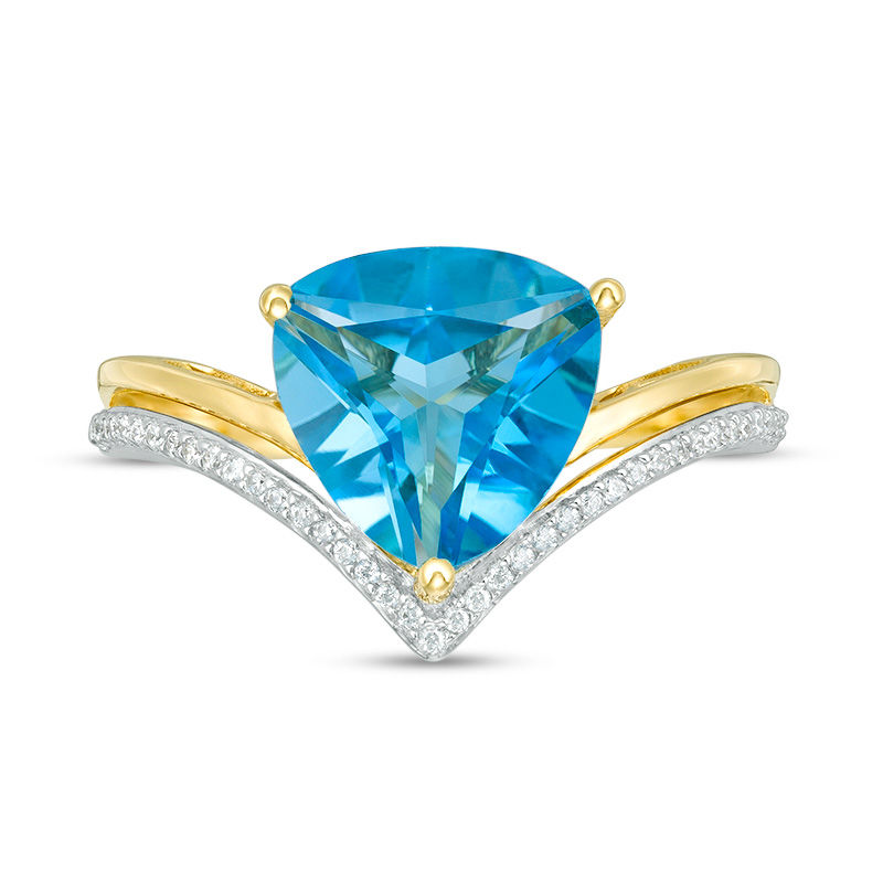 Main Image 4 of 10.0mm Trillion-Cut Swiss Blue Topaz and 1/10 CT. T.W. Diamond Double Chevron Split Shank Ring in 10K Gold