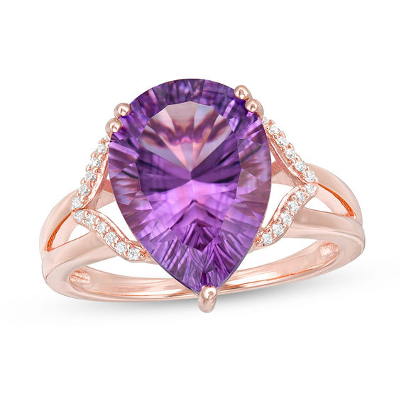Pear-Shaped Amethyst and 1/20 CT. T.w. Diamond Chevron Collar Split Shank Ring in 10K Rose Gold