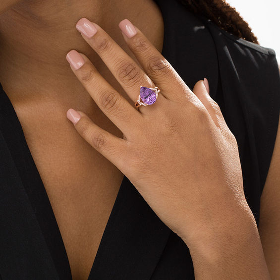 Pear-Shaped Amethyst and 1/20 CT. T.w. Diamond Chevron Collar Split Shank Ring in 10K Rose Gold