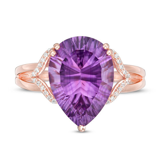 Pear-Shaped Amethyst and 1/20 CT. T.w. Diamond Chevron Collar Split Shank Ring in 10K Rose Gold