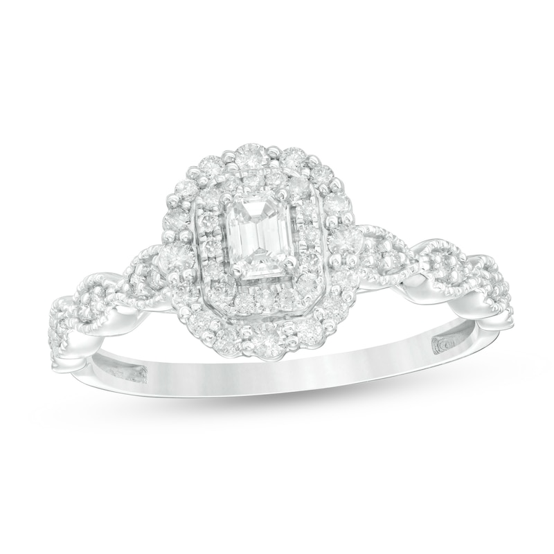 Main Image 1 of 3/8 CT. T.W. Emerald-Cut Diamond Double Frame Art Deco Vintage-Style Engagement Ring in 10K White Gold