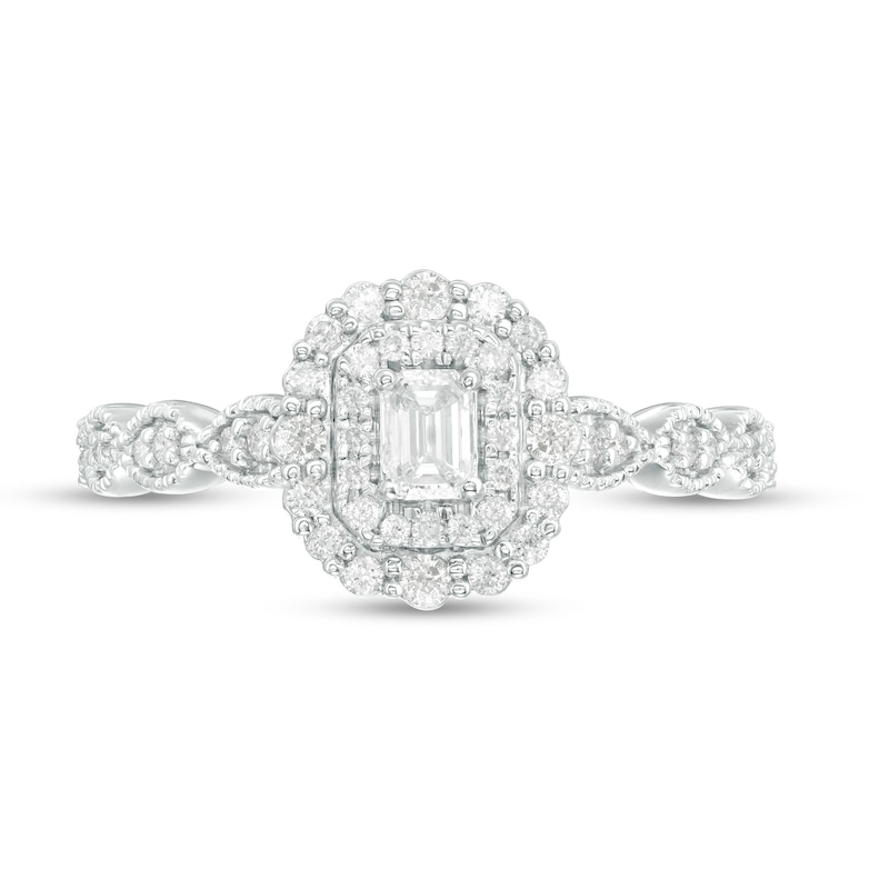 Main Image 4 of 3/8 CT. T.W. Emerald-Cut Diamond Double Frame Art Deco Vintage-Style Engagement Ring in 10K White Gold