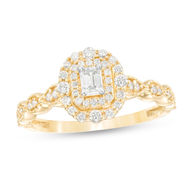 Main Image 1 of 3/8 CT. T.W. Emerald-Cut Diamond Double Frame Art Deco Vintage-Style Engagement Ring in 10K Gold
