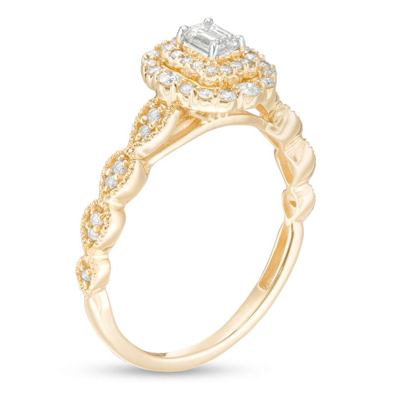 Main Image 3 of 3/8 CT. T.W. Emerald-Cut Diamond Double Frame Art Deco Vintage-Style Engagement Ring in 10K Gold