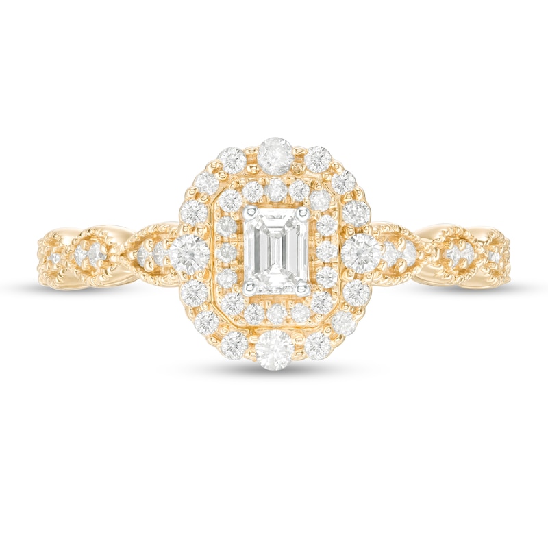 Main Image 4 of 3/8 CT. T.W. Emerald-Cut Diamond Double Frame Art Deco Vintage-Style Engagement Ring in 10K Gold