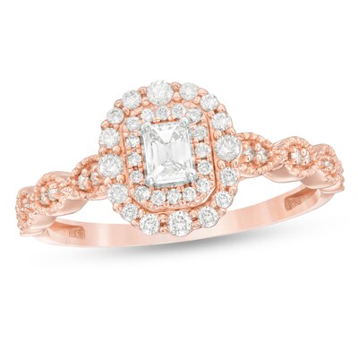 3 8 Ct T W Emerald Cut Diamond Double Frame Art Deco Vintage Style Engagement Ring In 10k Rose Gold 3 8 Ct T W Emerald Cut Diamond Double Frame Art Deco Vintage Style Engagement Ring In 10k Rose Gold