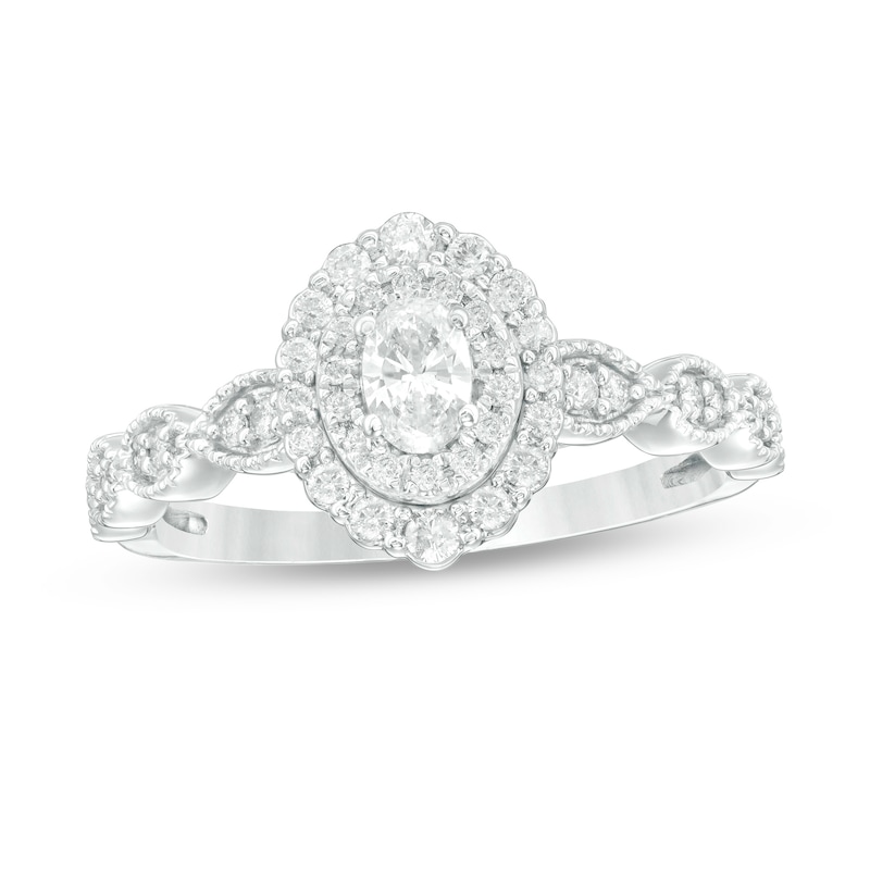 3/8 CT. T.W. Oval Diamond Double Frame Art Deco Vintage-Style Engagement Ring in 10K White Gold