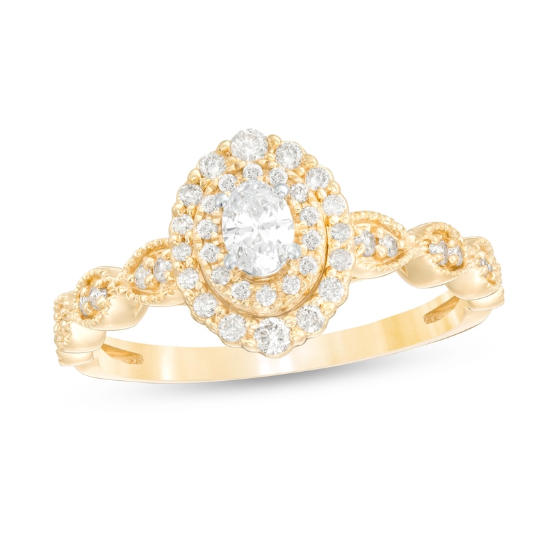Main Image 1 of 3/8 CT. T.W. Oval Diamond Double Frame Art Deco Vintage-Style Engagement Ring in 10K Gold