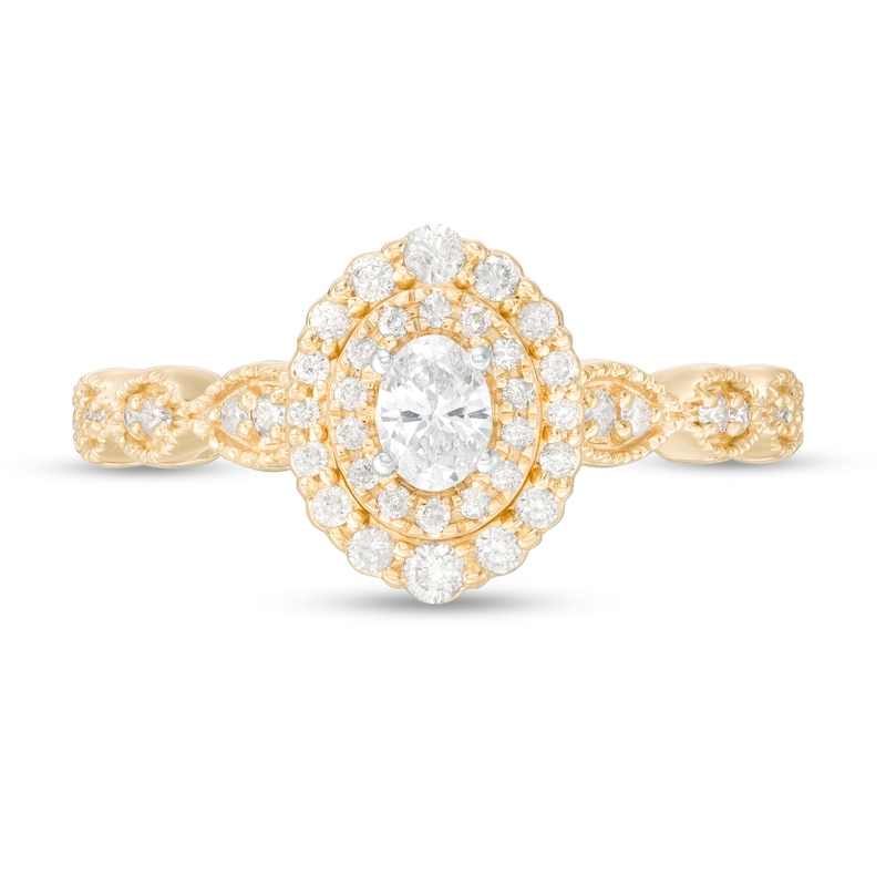 Main Image 4 of 3/8 CT. T.W. Oval Diamond Double Frame Art Deco Vintage-Style Engagement Ring in 10K Gold