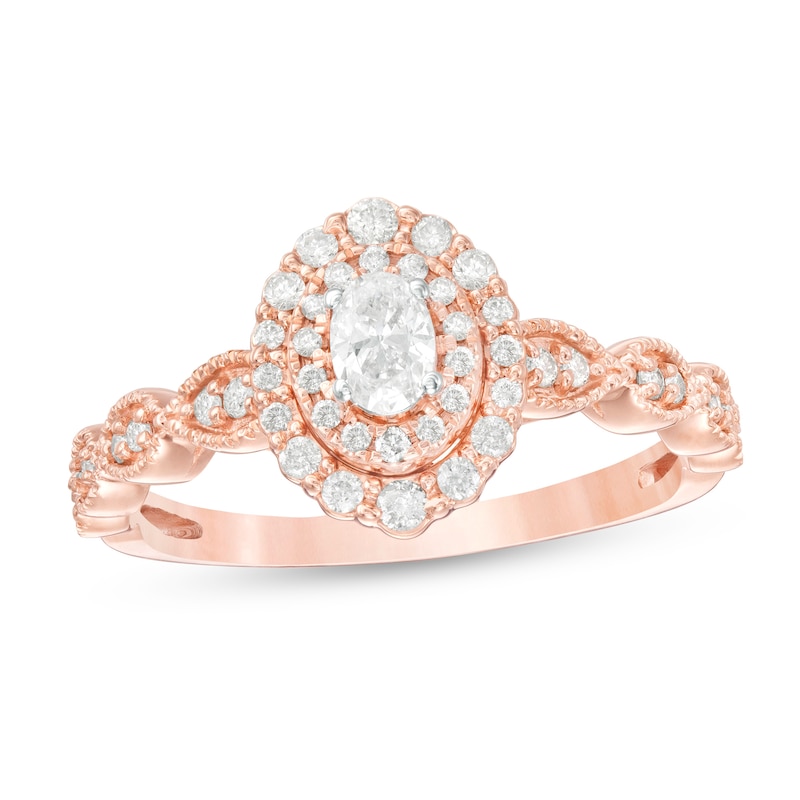 3/8 CT. T.W. Oval Diamond Double Frame Art Deco Vintage-Style Engagement Ring in 10K Rose Gold