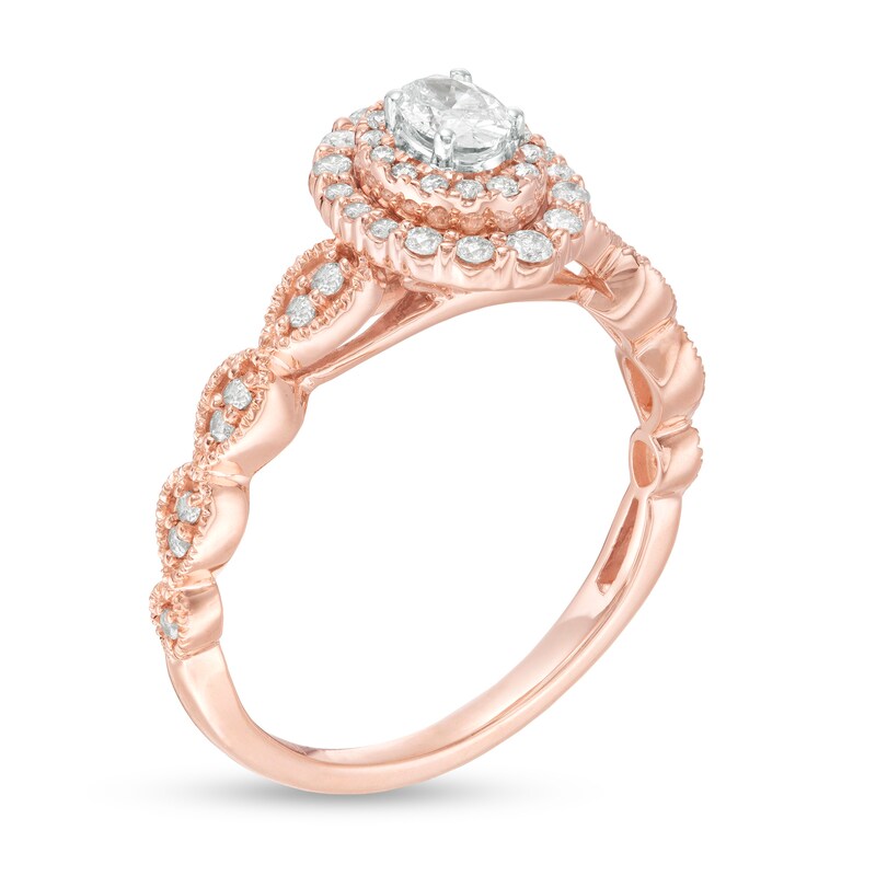 Main Image 2 of 3/8 CT. T.W. Oval Diamond Double Frame Art Deco Vintage-Style Engagement Ring in 10K Rose Gold