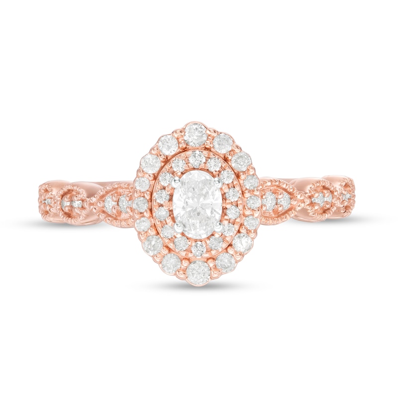 Main Image 3 of 3/8 CT. T.W. Oval Diamond Double Frame Art Deco Vintage-Style Engagement Ring in 10K Rose Gold